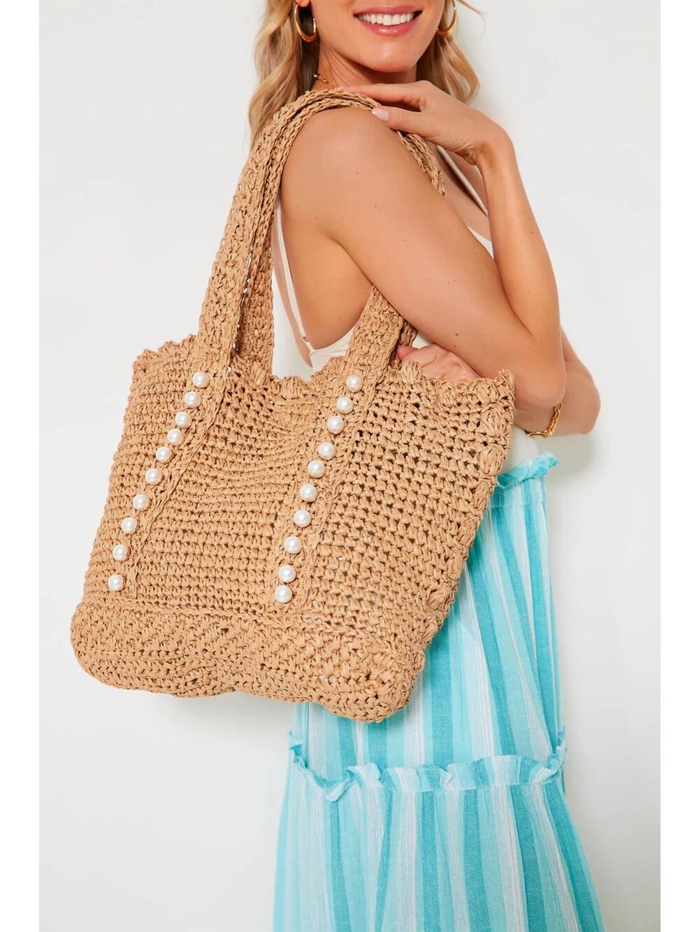 BTB Los Angeles Lisbeth Raffia Tote Bag Pearl Detail Straw Beach Resort NWT